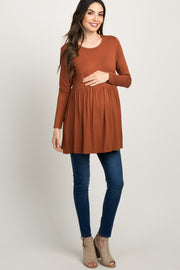 Rust Solid Long Sleeve Peplum Maternity Top