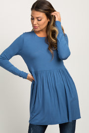 Blue Solid Long Sleeve Peplum Top