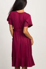 Burgundy Solid Flounce Trim Dress