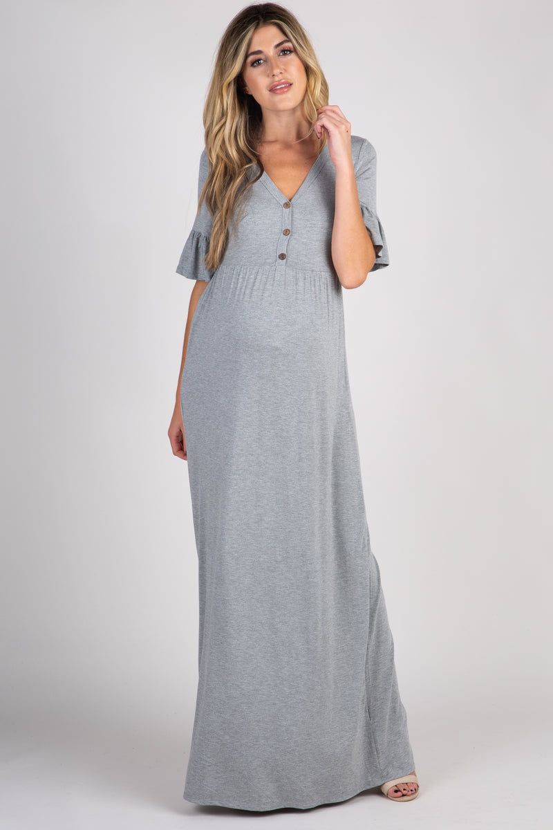 Heather Grey Button Ruffle Sleeve Maternity Maxi Dress – PinkBlush