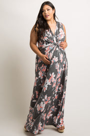 Charcoal Grey Floral Sleeveless Knot Front Plus Maternity Maxi Dress