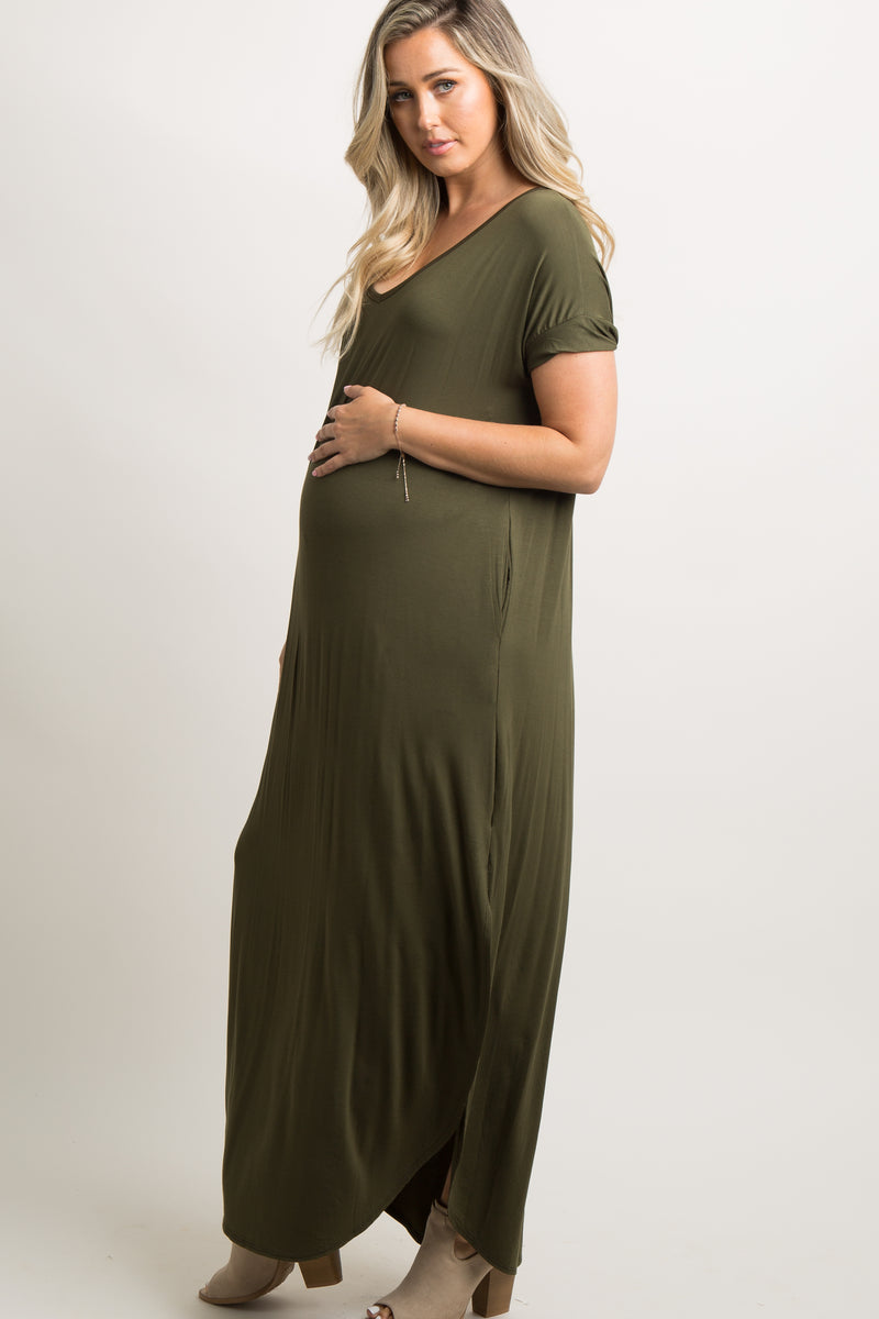 Green Short Sleeve Maternity Maxi Dress – PinkBlush