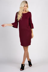 Burgundy Solid Ruffle Sleeve Shift Dress