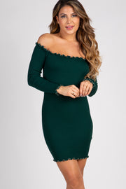 Green Ribbed Lettuce Edge Off Shoulder Dress