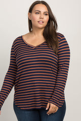 Rust Striped Long Sleeve V-Neck Plus Top