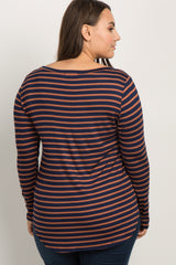 Rust Striped Long Sleeve V-Neck Plus Top