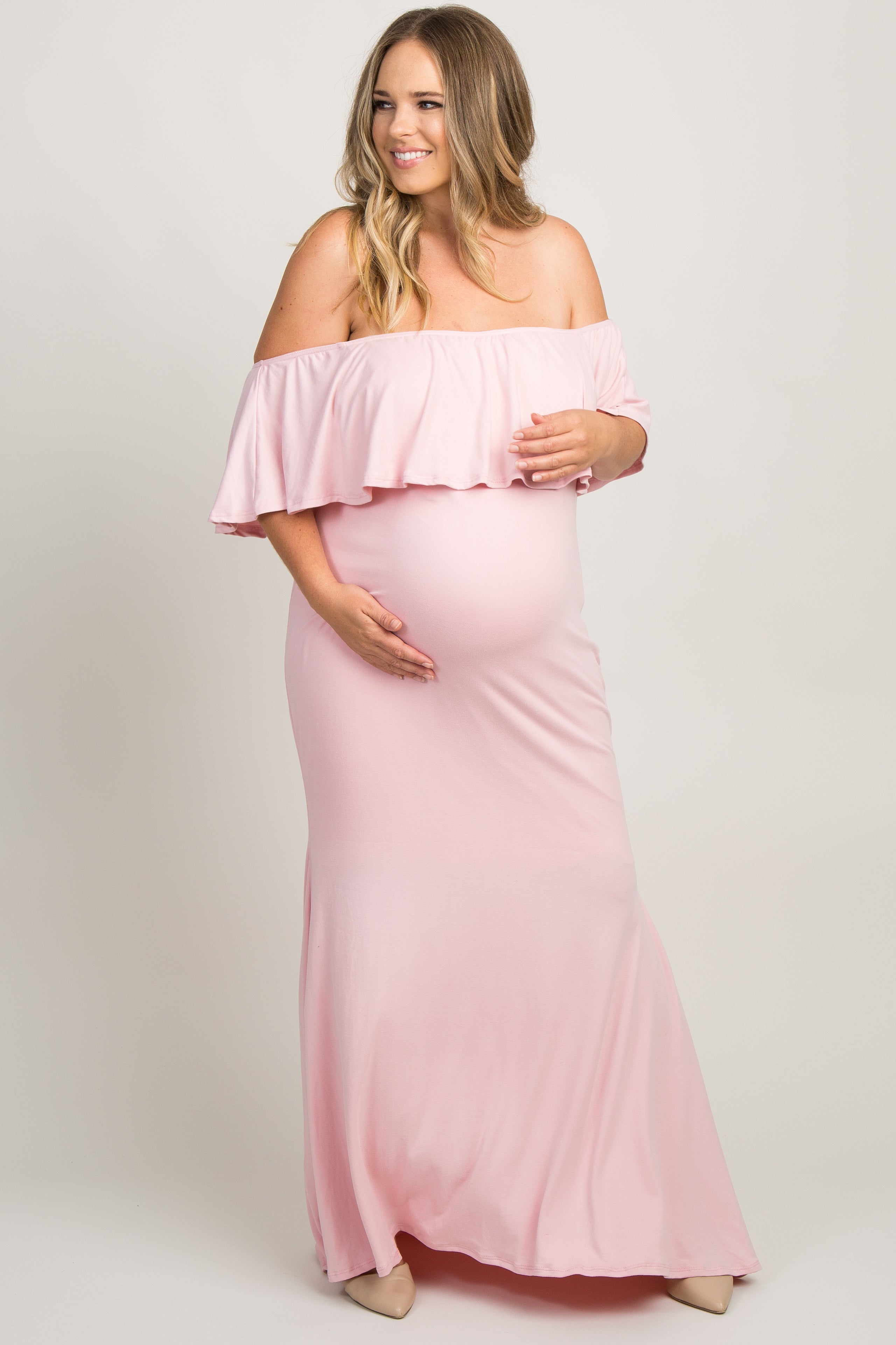 Pink Ruffle Off Shoulder Mermaid Plus Maternity Photoshoot Gown/Dress ...
