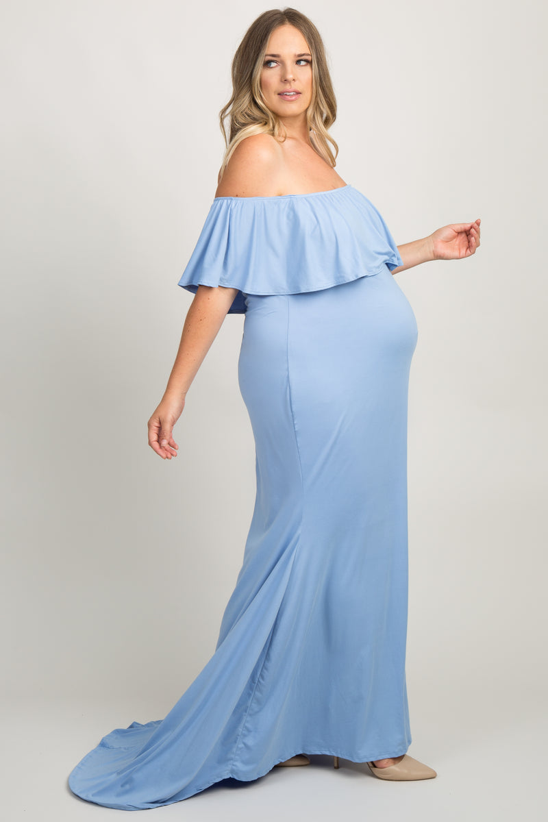 Blue Ruffle Off Shoulder Mermaid Maternity Plus Photoshoot Gown/Dress ...
