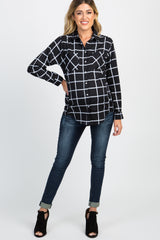 Black Plaid Button Down Pocket Front Maternity Top