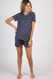 Navy Blue Striped Ruffle Trim Maternity Pajama Set