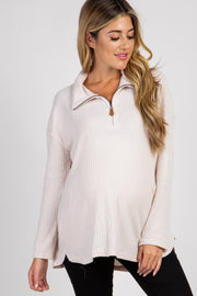 Beige Half Zipper Knit Maternity Sweater