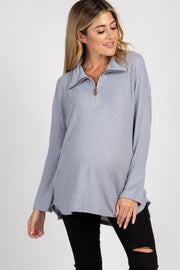 Silver Grey Half Zipper Knit Maternity Sweater