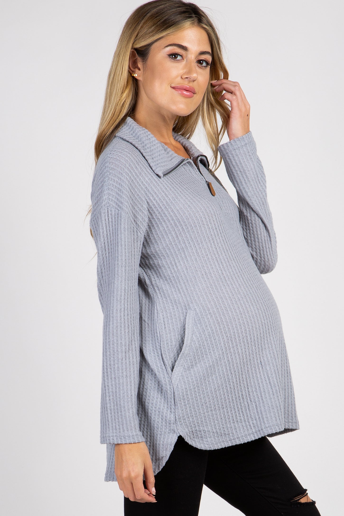 Silver Grey Half Zipper Knit Maternity Sweater– PinkBlush