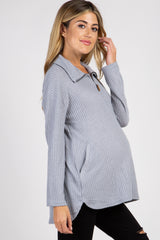 Silver Grey Half Zipper Knit Maternity Sweater