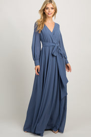 Blue Chiffon Long Sleeve Pleated Maxi Dress