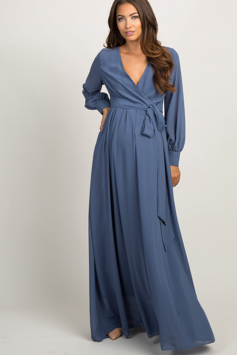 Blue Chiffon Long Sleeve Pleated Maternity Maxi Dress – PinkBlush