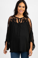 Black Floral Mesh Maternity Peasant Top