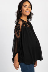 Black Floral Mesh Maternity Peasant Top