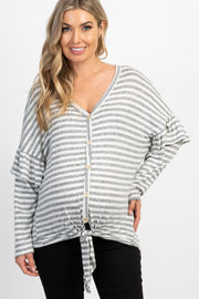 Heather Grey Striped Ruffle Sleeve Button Tie Front Maternity Top