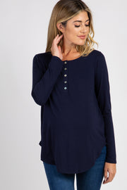 Navy Solid Button Accent Long Sleeve Maternity Top