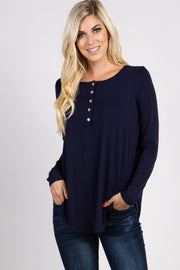 Navy Solid Button Accent Long Sleeve Top