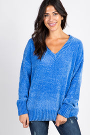 Blue Chenille Knit V-Neck Sweater