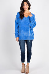 Blue Chenille Knit V-Neck Sweater