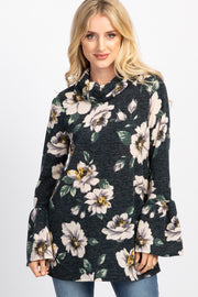 Green Floral Cowl Neck Ruffle Sleeve Top