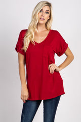 Red Solid Pocket Front Top