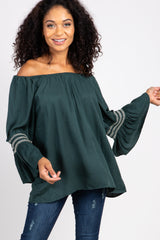 Forest Green Embroidered Sleeve Off Shoulder Top