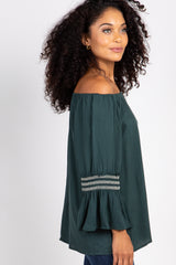 Forest Green Embroidered Sleeve Off Shoulder Top