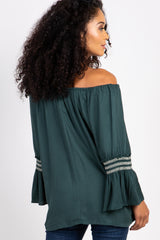 Forest Green Embroidered Sleeve Off Shoulder Top