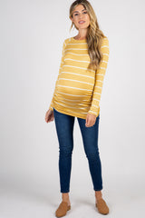 Mustard Striped Ruched Maternity Top