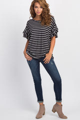 Black Striped Flounce Short Sleeve Top