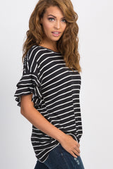 Black Striped Flounce Short Sleeve Top