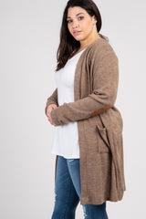 PinkBlush Taupe Solid Knit Elbow Patch Plus Cardigan