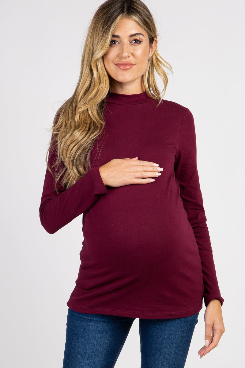 Burgundy Solid Long Sleeve Mock Neck Maternity Top – PinkBlush