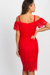 Red Lace Cold Shoulder Midi Dress