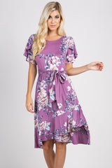 Mauve Floral Sash Tie Flounce Trim Dress