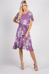 Mauve Floral Sash Tie Flounce Trim Dress