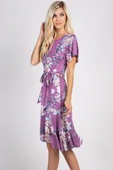 Mauve Floral Sash Tie Flounce Trim Dress