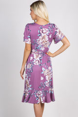 Mauve Floral Sash Tie Flounce Trim Dress