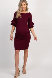 PinkBlush Burgundy Layered Flounce Sleeve Fitted Maternity Dress