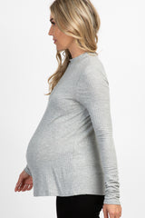 Grey Ribbed Mock Neck Long Sleeve Maternity Top