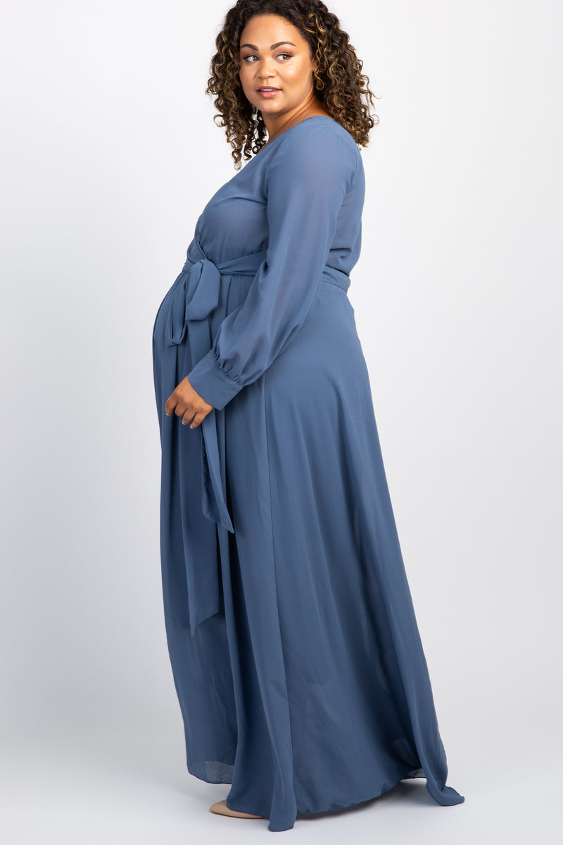 Blue Chiffon Long Sleeve Pleated Plus Maternity Maxi Dress– PinkBlush