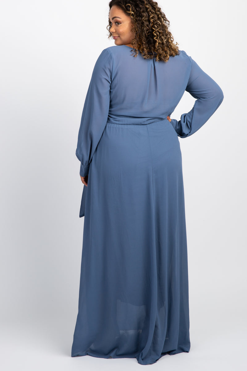 Blue Chiffon Long Sleeve Pleated Plus Maternity Maxi Dress– PinkBlush