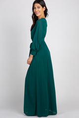 Green Chiffon Long Sleeve Pleated Maxi Dress