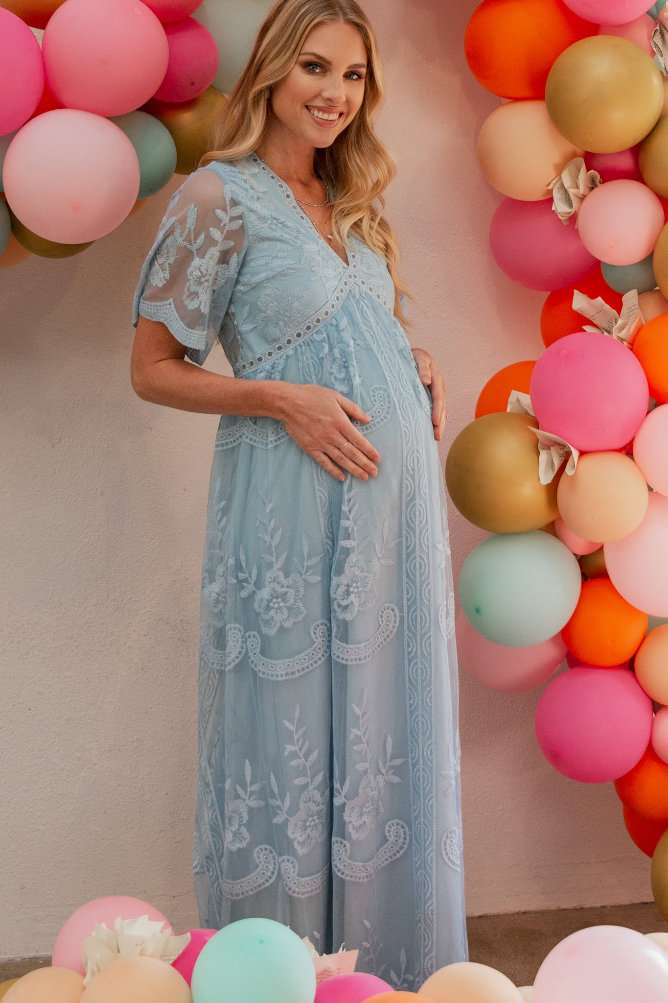 PinkBlush Navy Lace Mesh Overlay Plus Maternity Maxi Dress