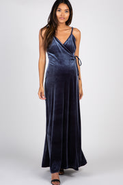 Grey Velvet Wrap Self Tie Maternity Maxi Dress