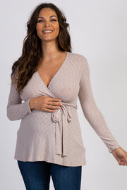 Mocha Ribbed Sash Tie Maternity Nursing Wrap Top